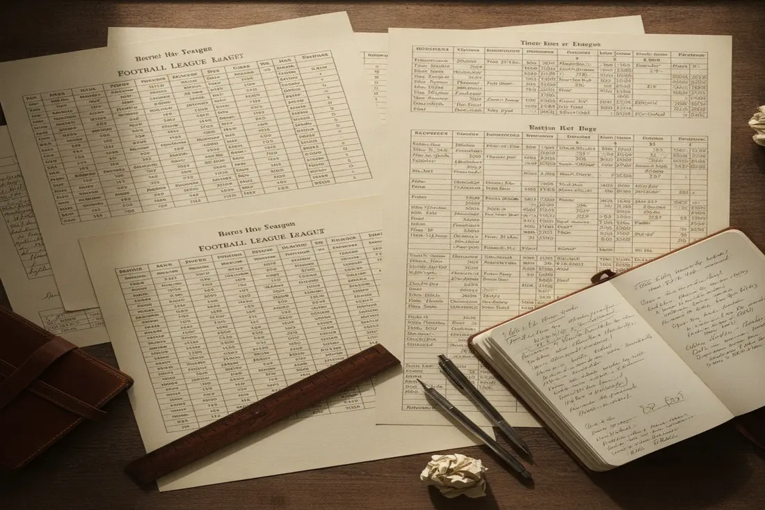 Wooden desk with printed league tables, statistical notes, pencils and tactical football sheets