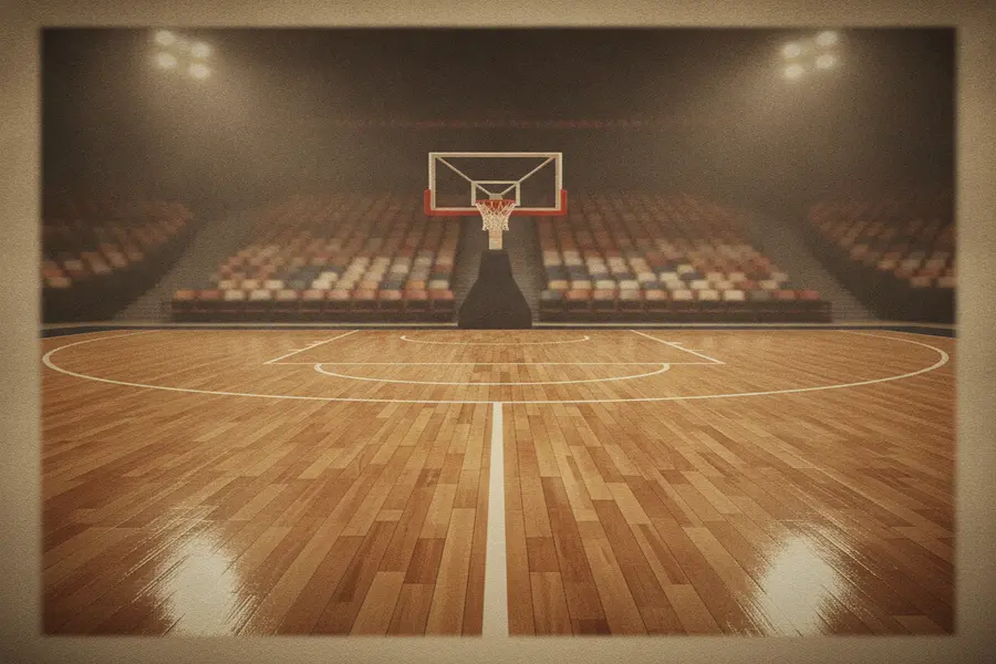 Empty basketball court under arena spotlight illumination