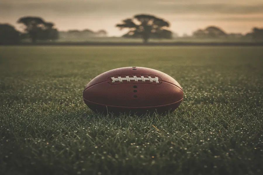 Traditional leather football on pristine grass pitch