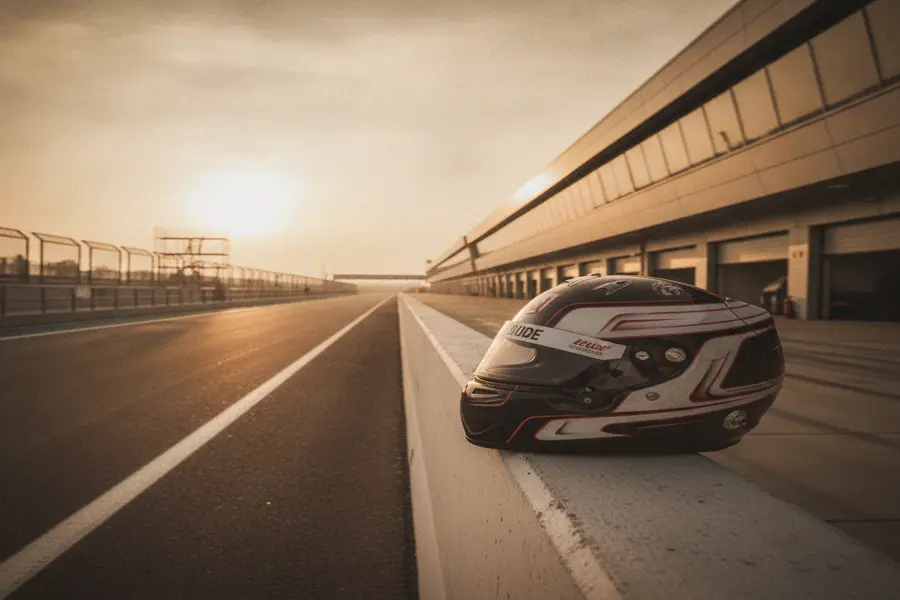 Racing helmet on pit lane concrete barrier at sunrise