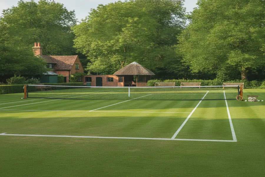 Manicured lawn tennis court with white baseline chalk